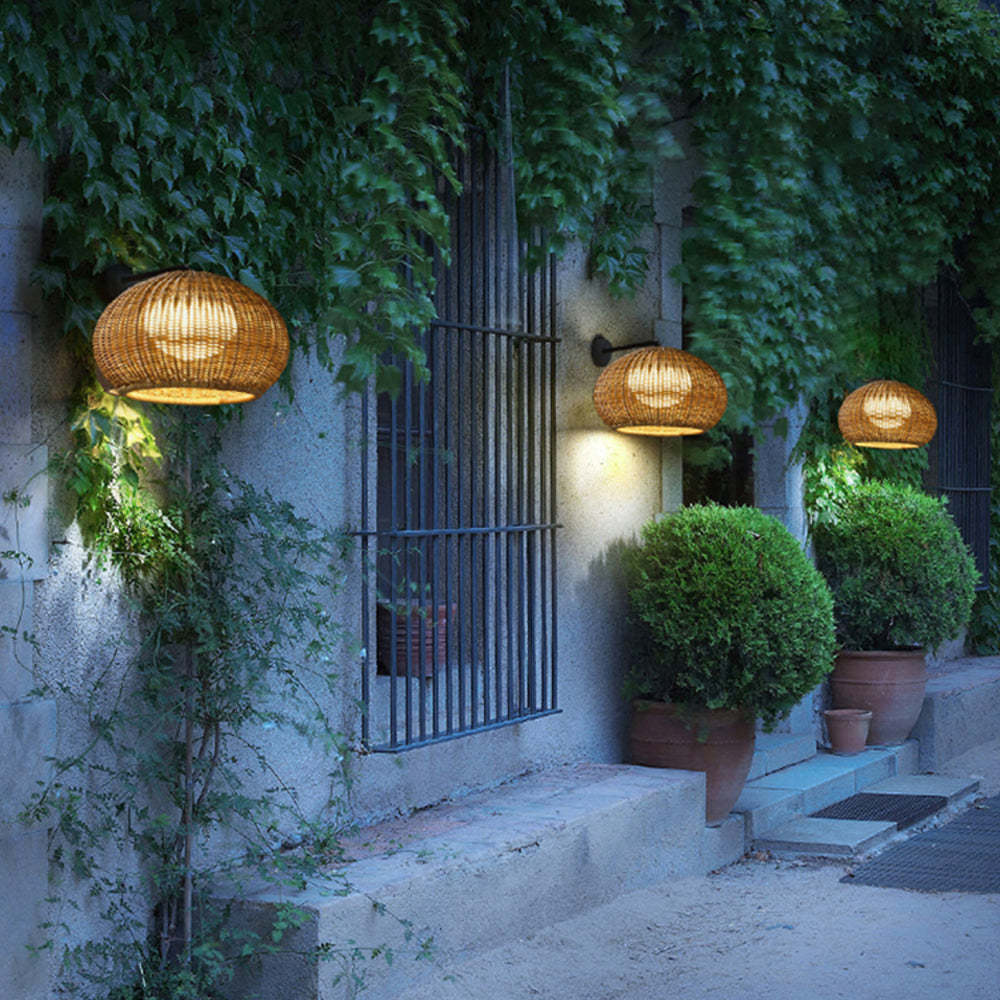 Ritta Aplique de pared Exterior LED de Diseño Rústico Madera Ratán y Acrílico