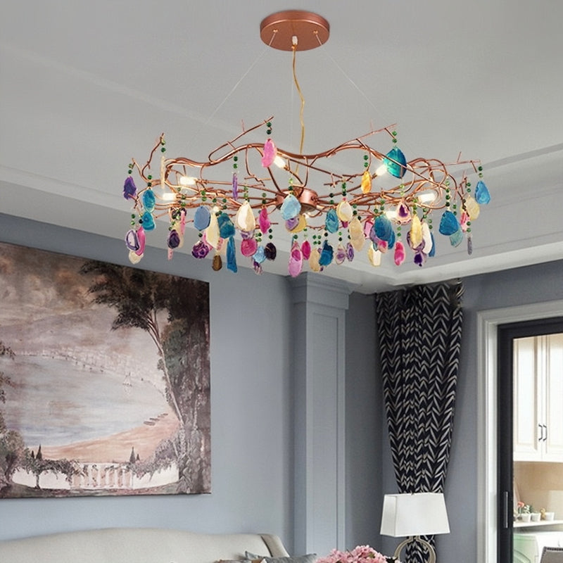 Morandi Diseño Redondo LED Lámpara Colgante Oro Rosa Salón/Dormitorio/Comedor Metal y Piedra Ágata 65/85CM Largo