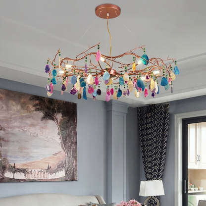 Morandi Diseño Redondo LED Lámpara Colgante Oro Rosa Salón/Dormitorio/Comedor Metal y Piedra Ágata 65/85CM Largo