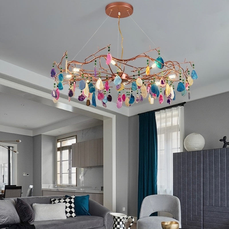 Morandi Diseño Redondo LED Lámpara Colgante Oro Rosa Salón/Dormitorio/Comedor Metal y Piedra Ágata 65/85CM Largo