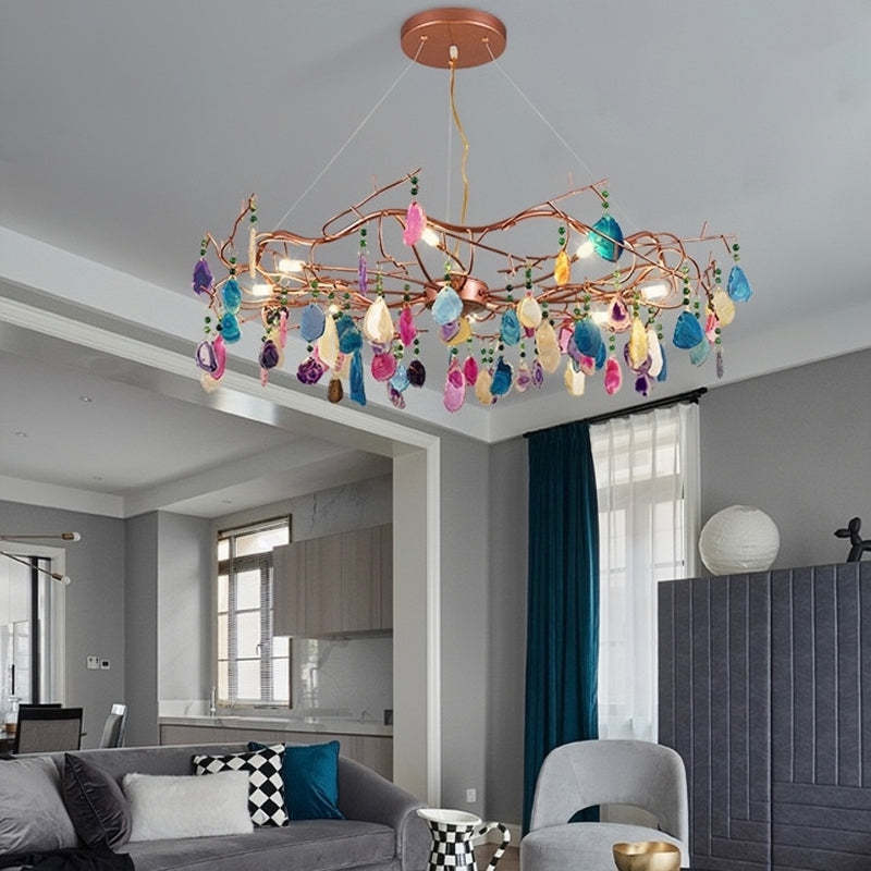Morandi Diseño Redondo LED Lámpara Colgante Oro Rosa Salón/Dormitorio/Comedor Metal y Piedra Ágata 65/85CM Largo