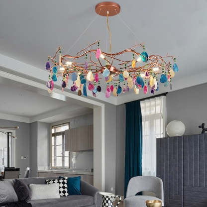 Morandi Diseño Redondo LED Lámpara Colgante Oro Rosa Salón/Dormitorio/Comedor Metal y Piedra Ágata 65/85CM Largo