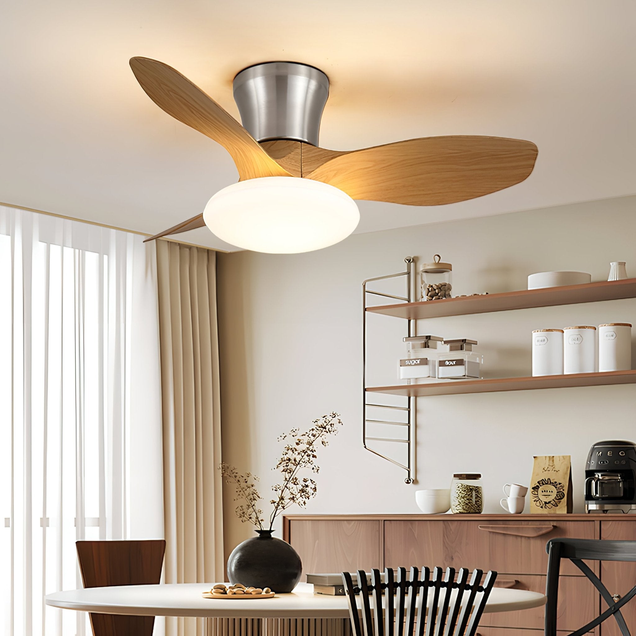 Ventilador de Techo Moderno de Madera Velora con Luz, primer plano de la luz LED
