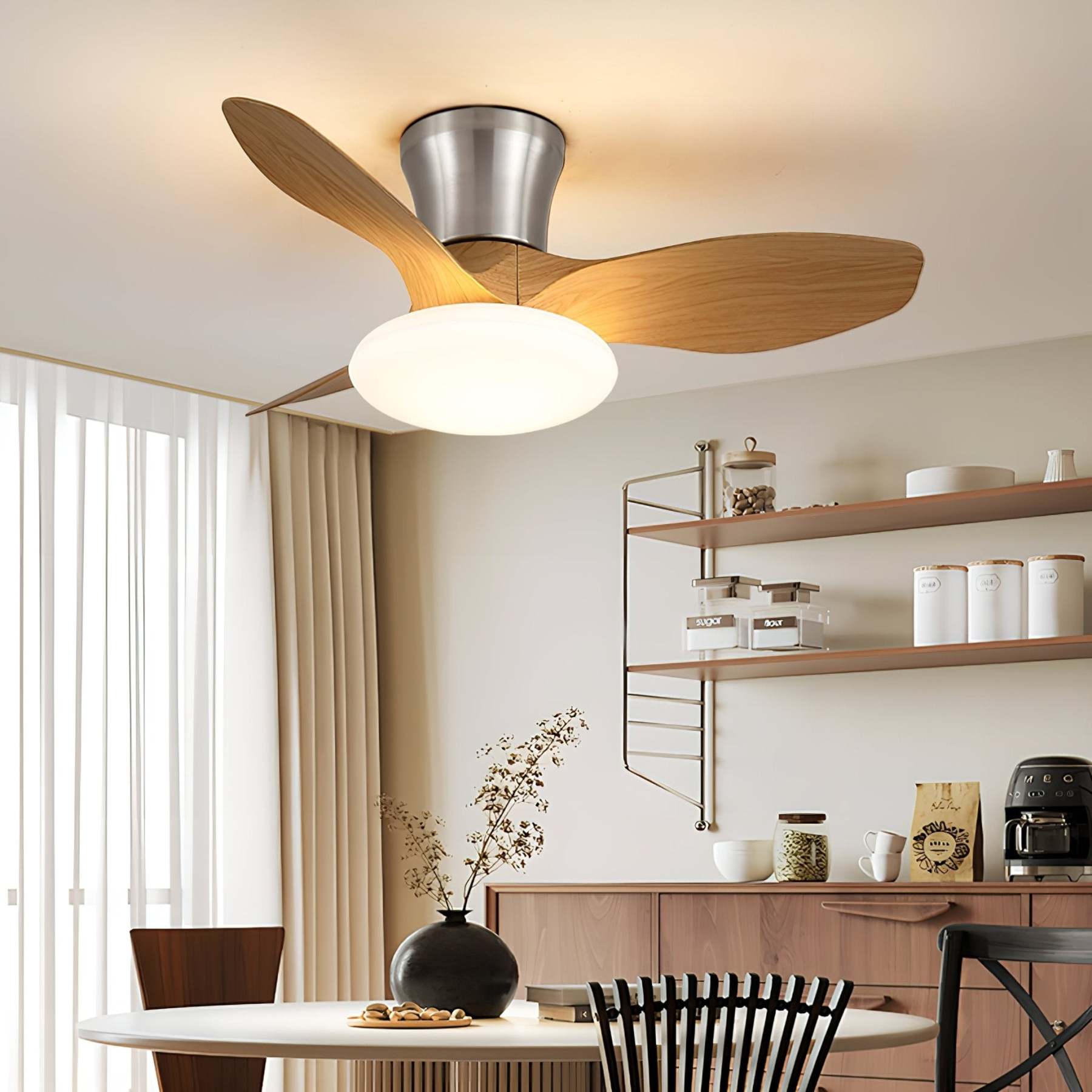 Ventilador de Techo Moderno de Madera Velora con Luz, primer plano de la luz LED