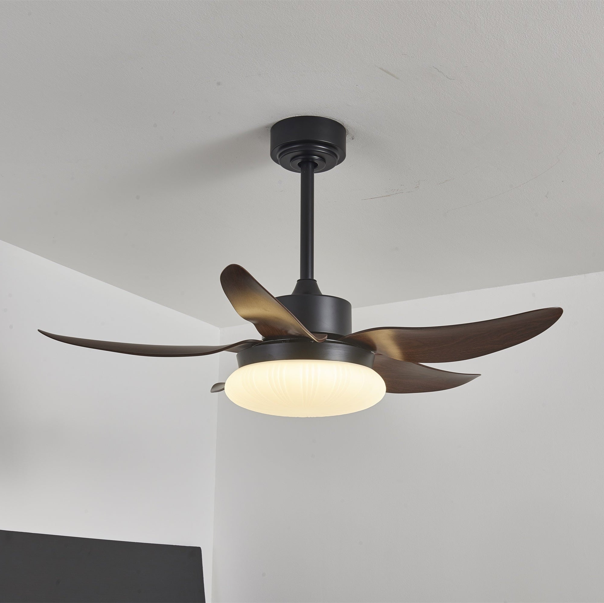 Ventilador de Techo con Luz Zerith, primer plano de las aspas de ABS color nogal