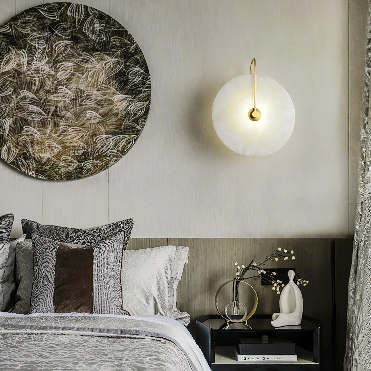 Jade Minimalismo Oro Negro Metal Alabastro Lámpara de Pared Dormitorio Salón
