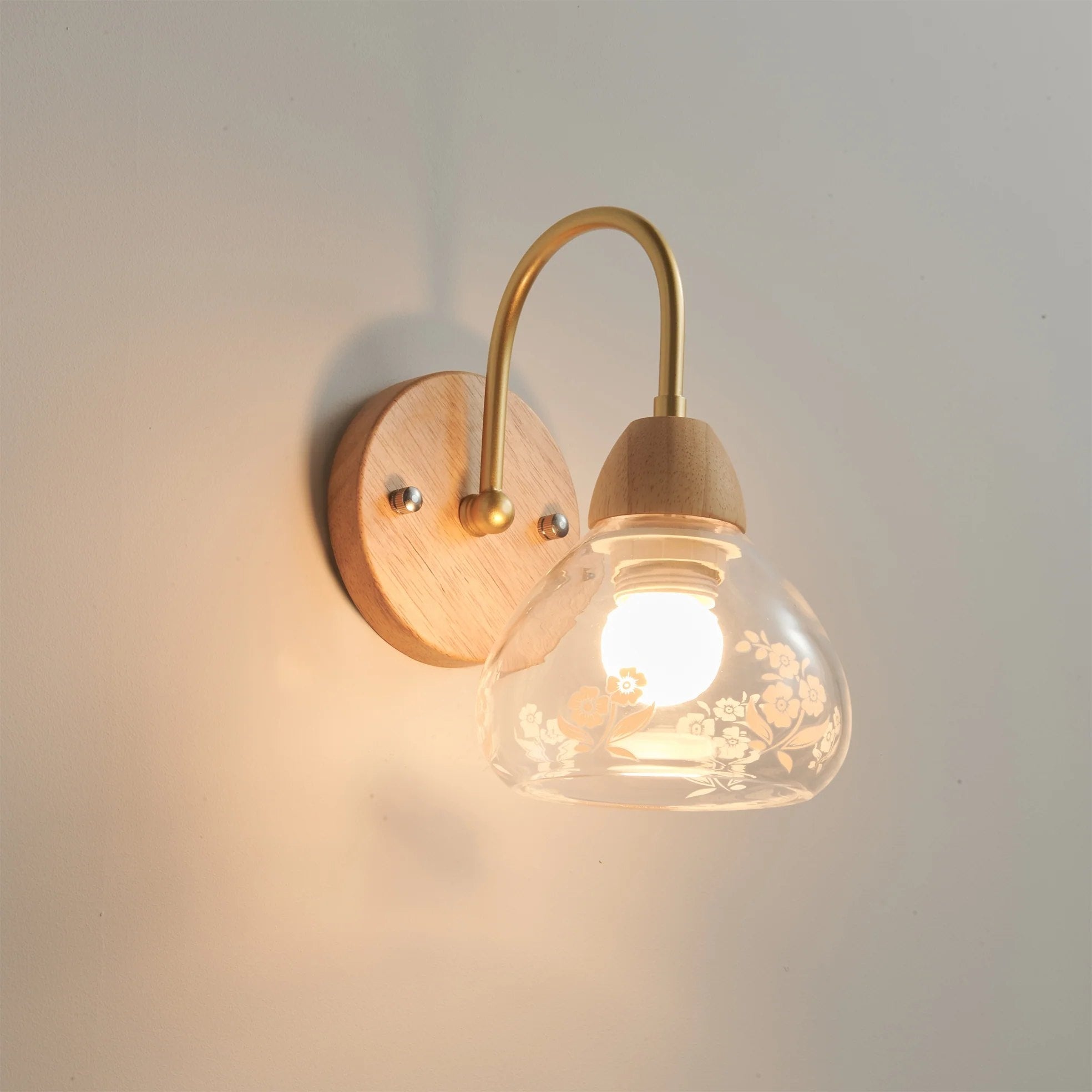 Hakka Vintage Glass Wood Wall Light Brass
