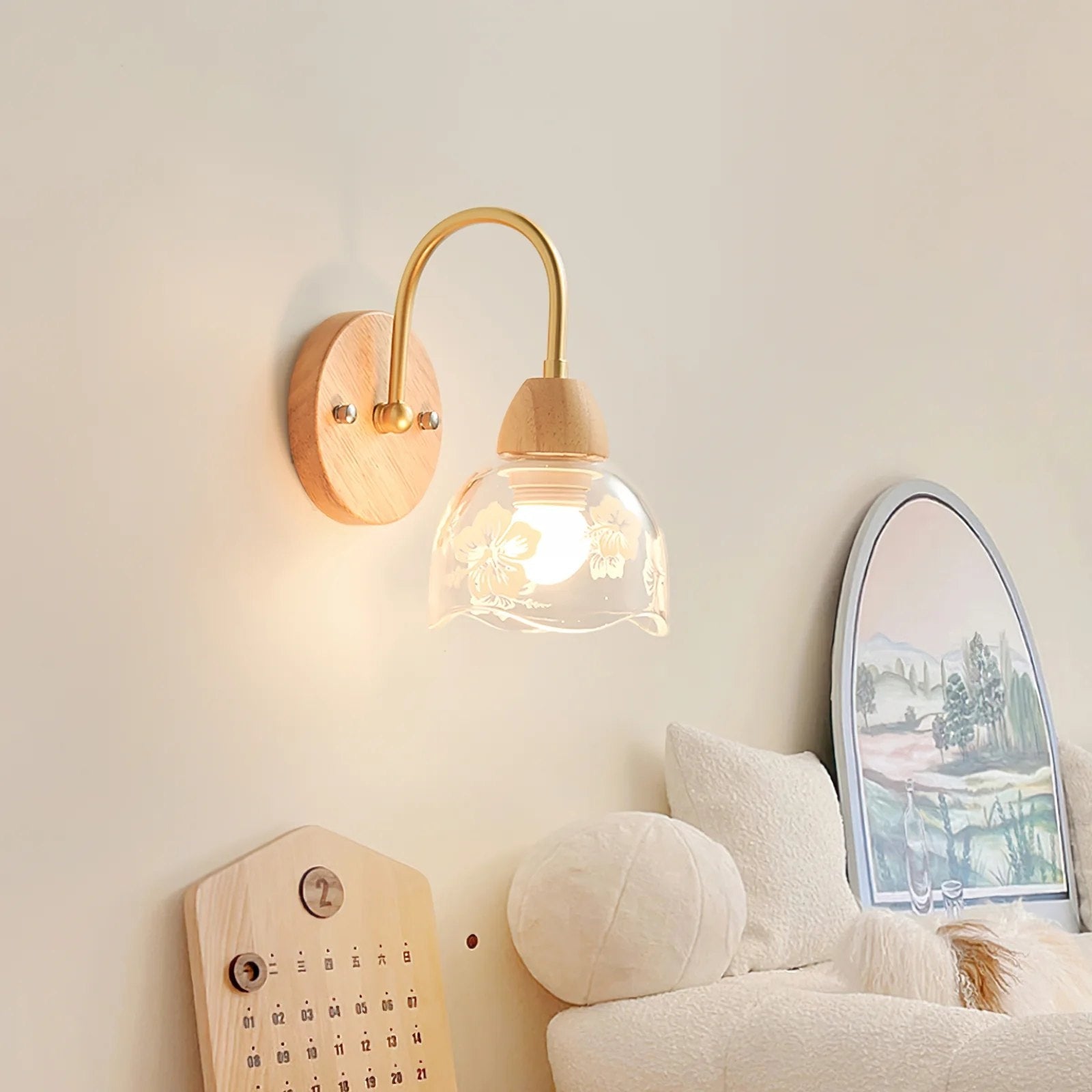 Hakka Vintage Glass Wood Wall Light Brass