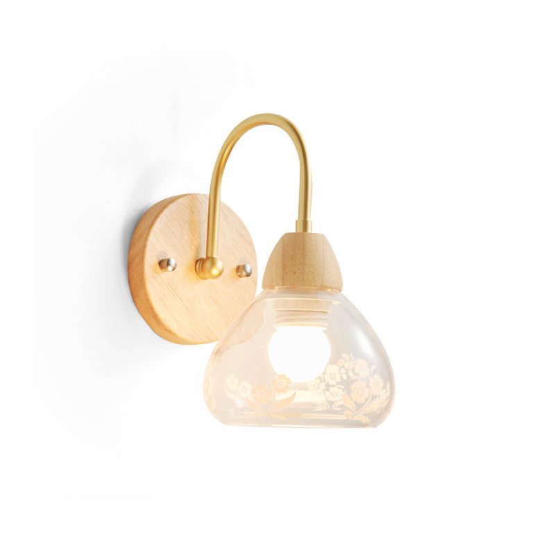Hakka Vintage Glass Wood Wall Light Brass
