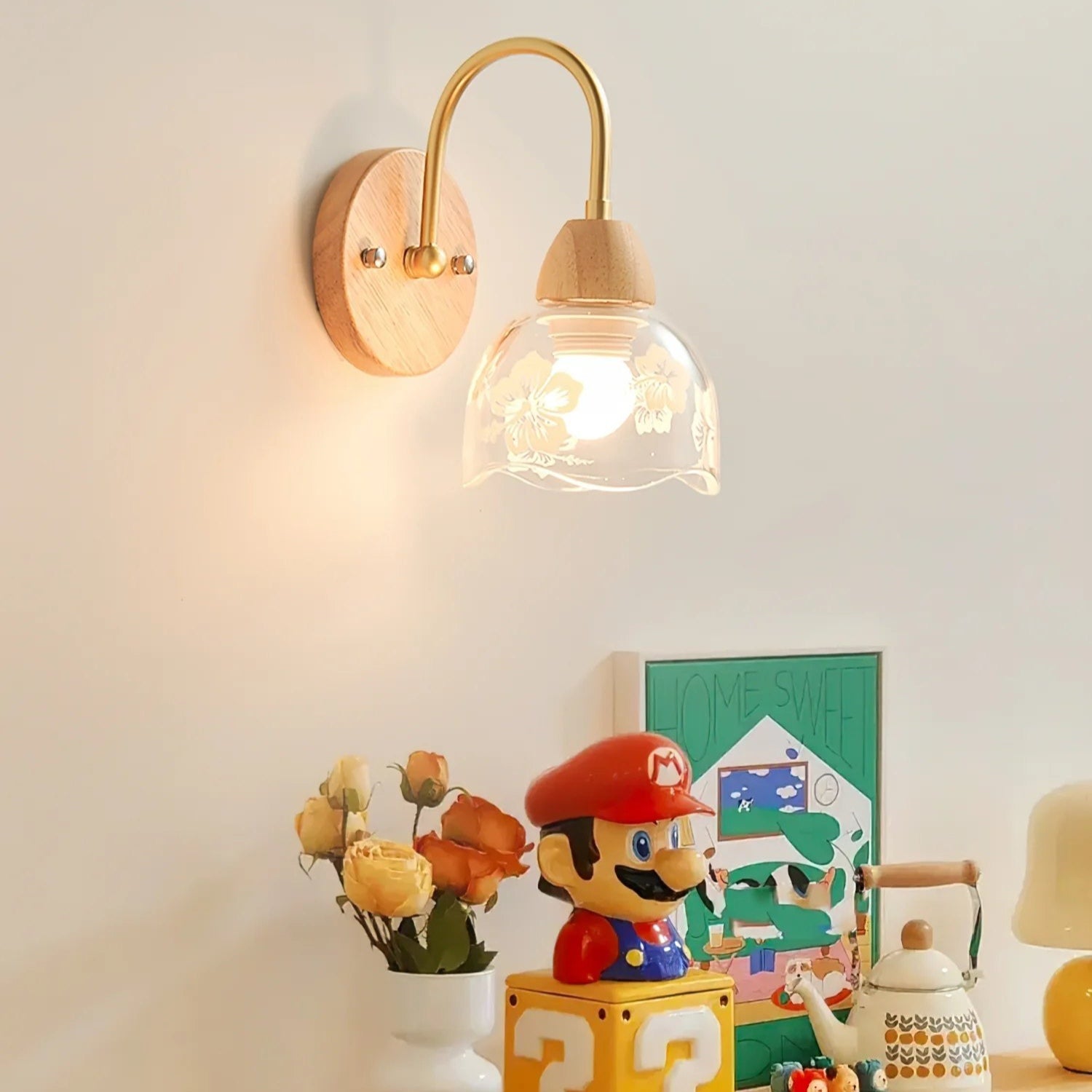 Hakka Vintage Glass Wood Wall Light Brass