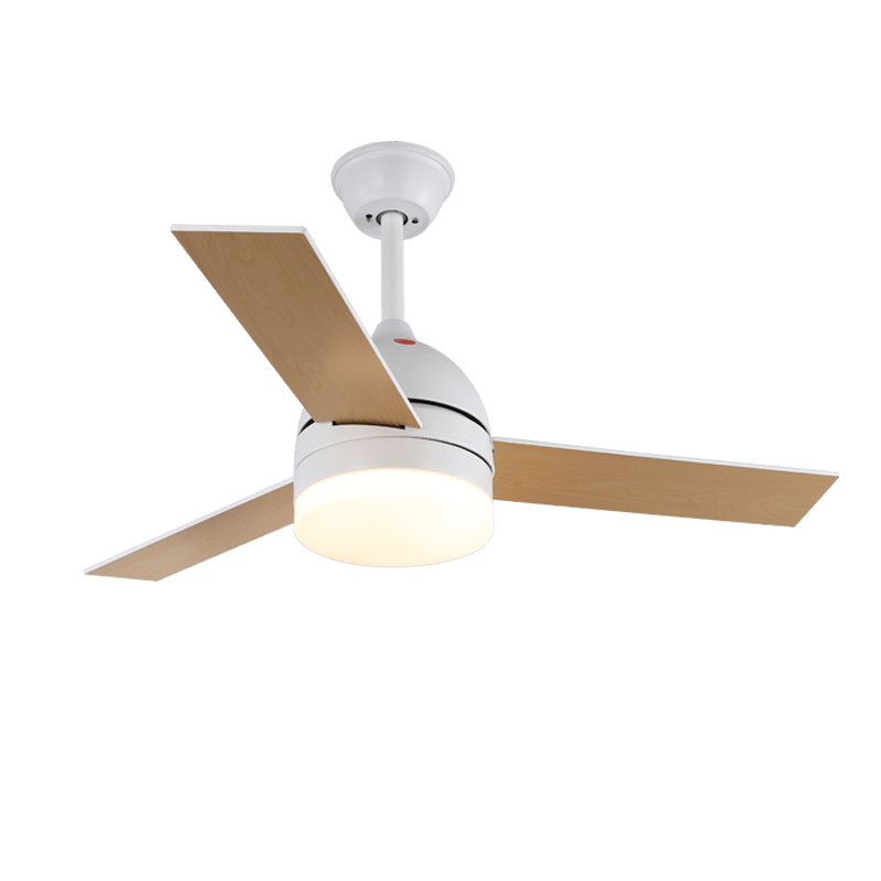 Ventilador de Techo Minimalista Selena de Madera con Luz, instalado en un dormitorio moderno
