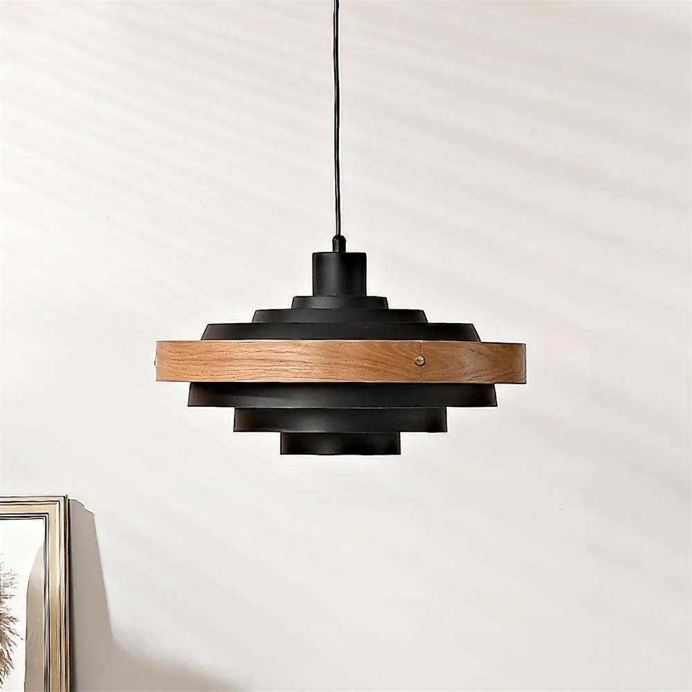 Muto Modern Round Metal Wood Pendant Light Dining Living Room