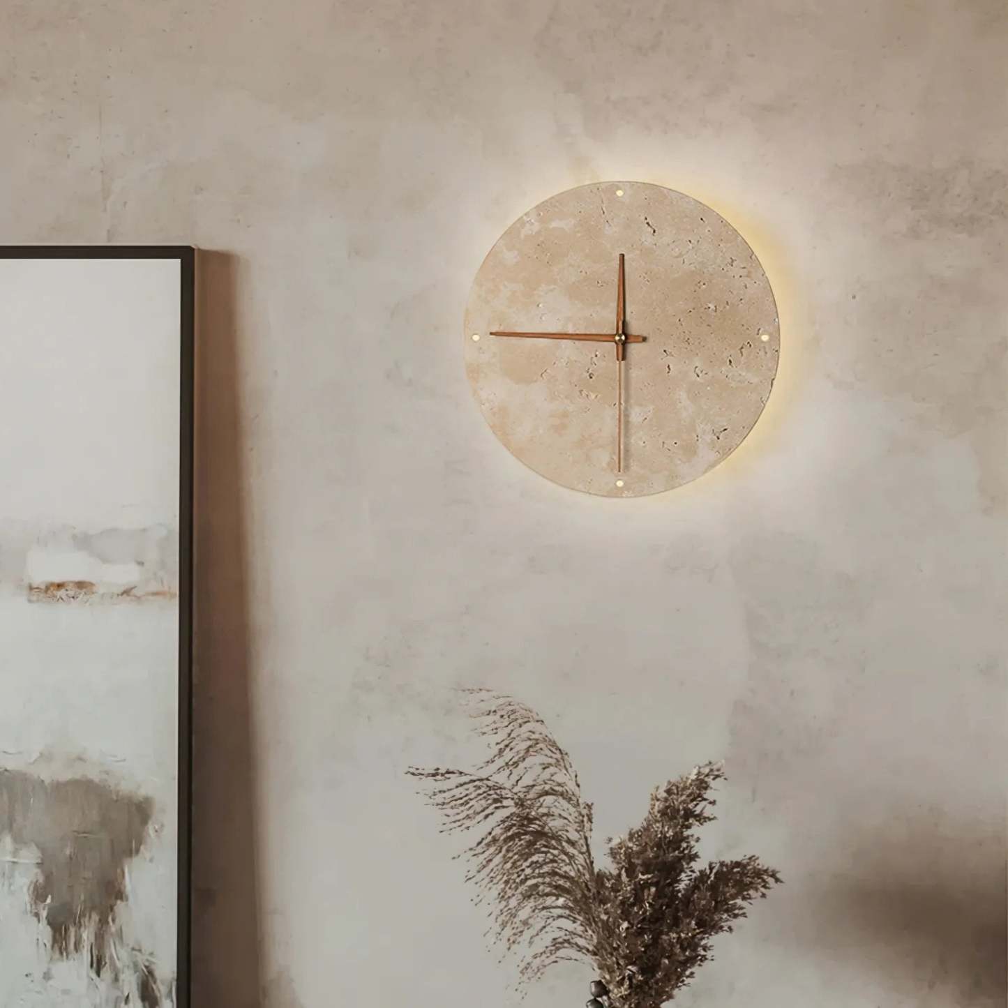 Dune Minimalist Travertine Wall Lamp Clock Beige