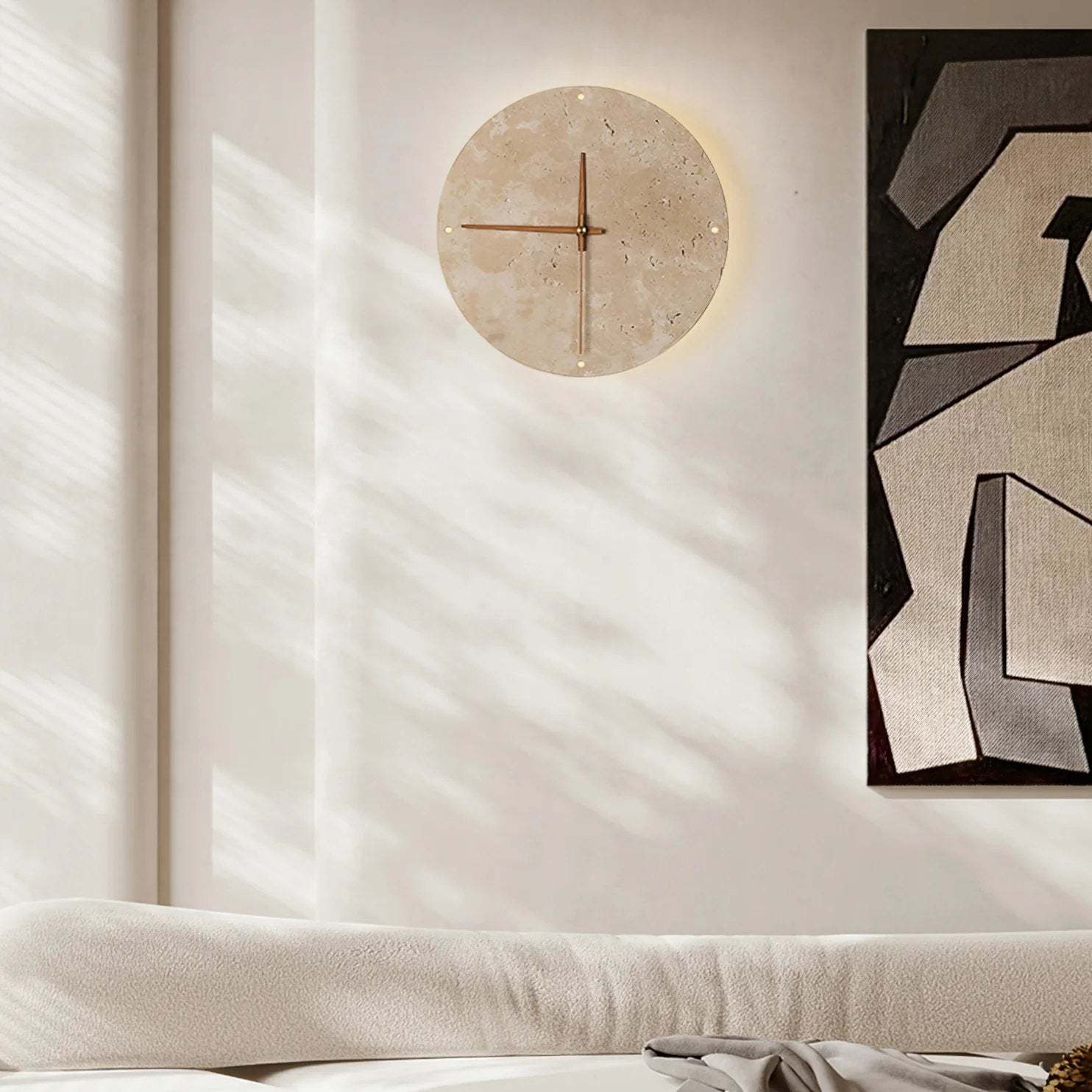 Dune Minimalist Travertine Wall Lamp Clock Beige