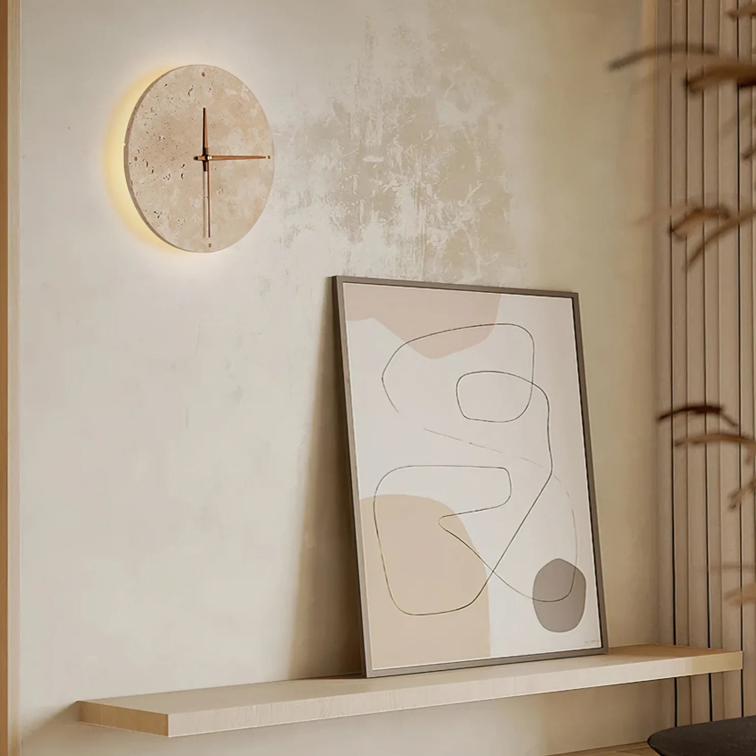 Dune Minimalist Travertine Wall Lamp Clock Beige
