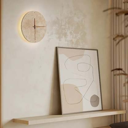Dune Minimalist Travertine Wall Lamp Clock Beige