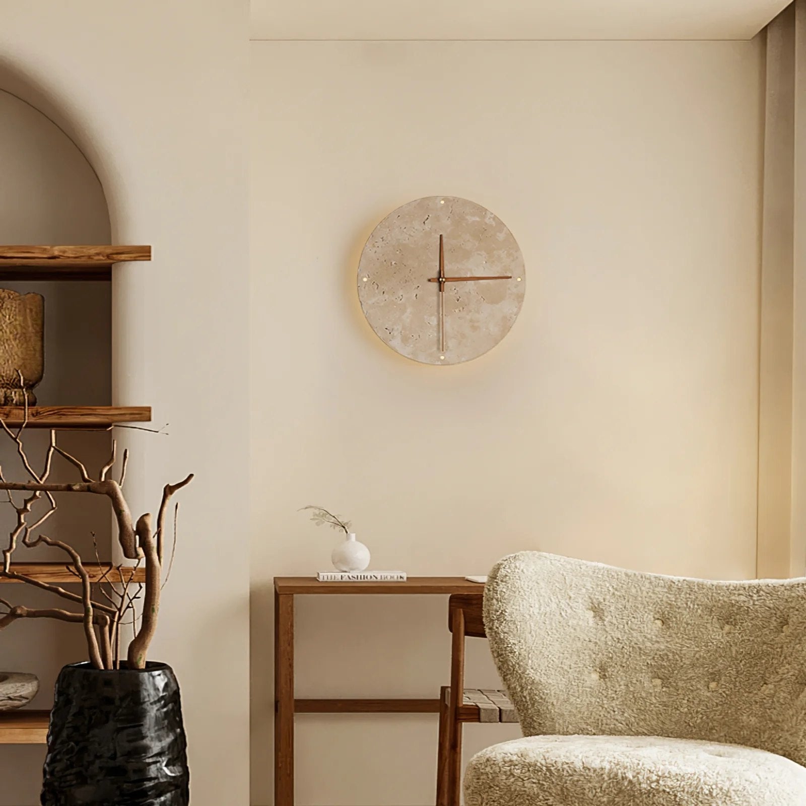 Dune Minimalist Travertine Wall Lamp Clock Beige