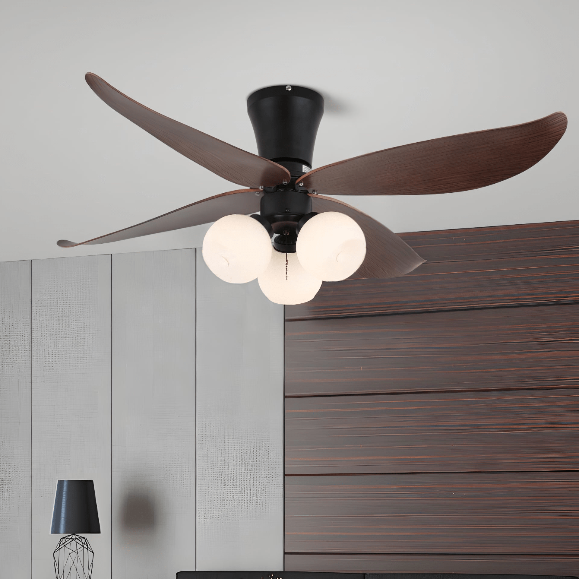 Ventilador de Techo con Luz Lunair Vintage de Madera y Cristal con aspas visibles