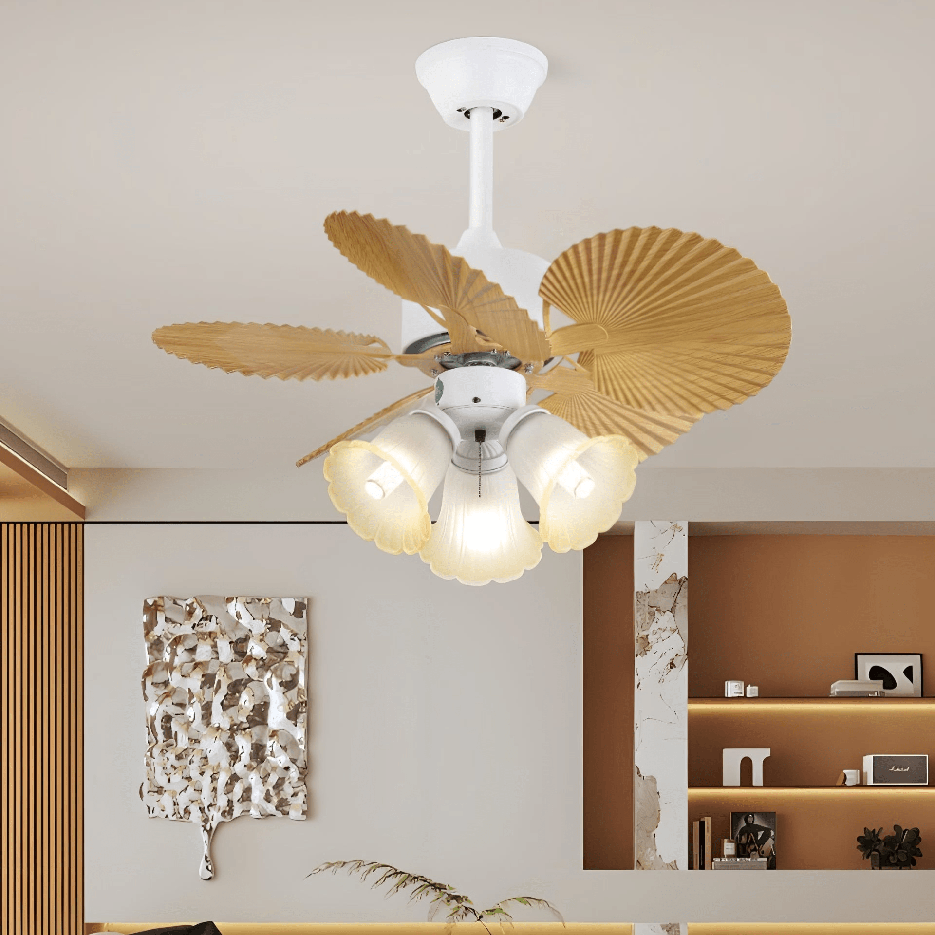 Ventilador de Techo con Luz Aurelia Vintage de Madera y Cristal en un salón moderno