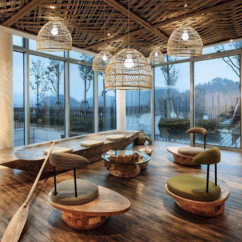 Muto Diseño Ratán LED Lámpara Colgante Sala de Estar Bambú