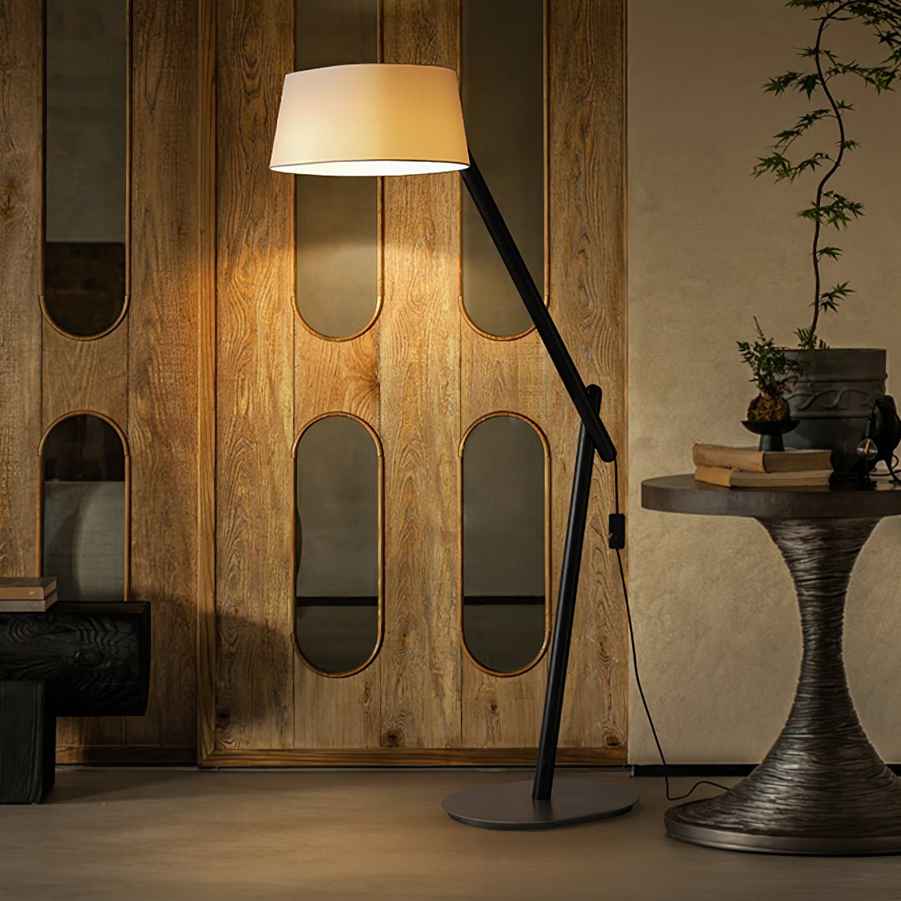 Hakka Lean Pivot Wood Fabric Floor Lamp