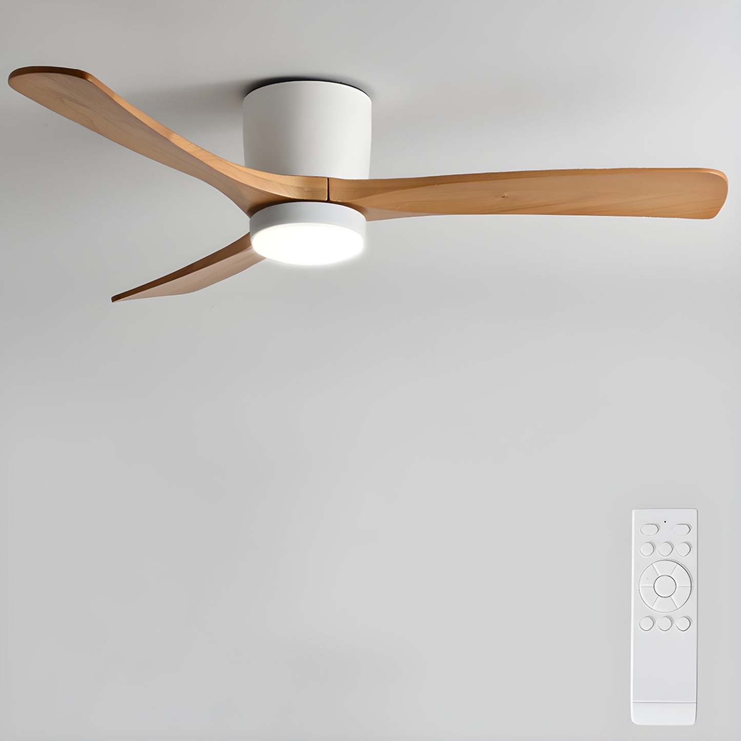 Ventilador de Techo con Luz Ezra Nórdico, primer plano de la luz LED y las aspas de madera