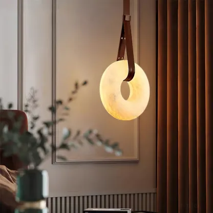 Jade Lámpara Colgante de Alabastro y Cuero Vintaje y Atípica para Salón y Comedor