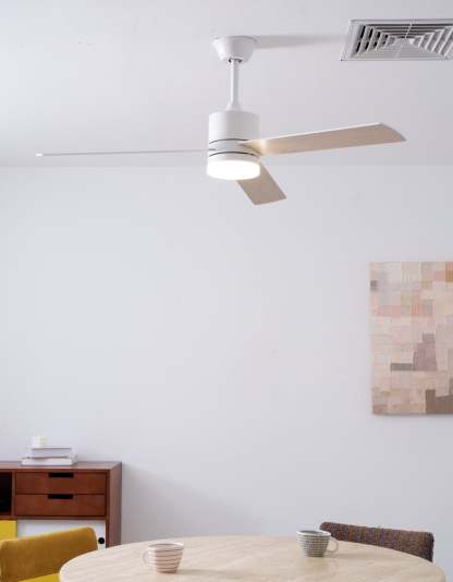 Vista superior del ventilador Lennox Drift, mostrando la curvatura de las aspas.