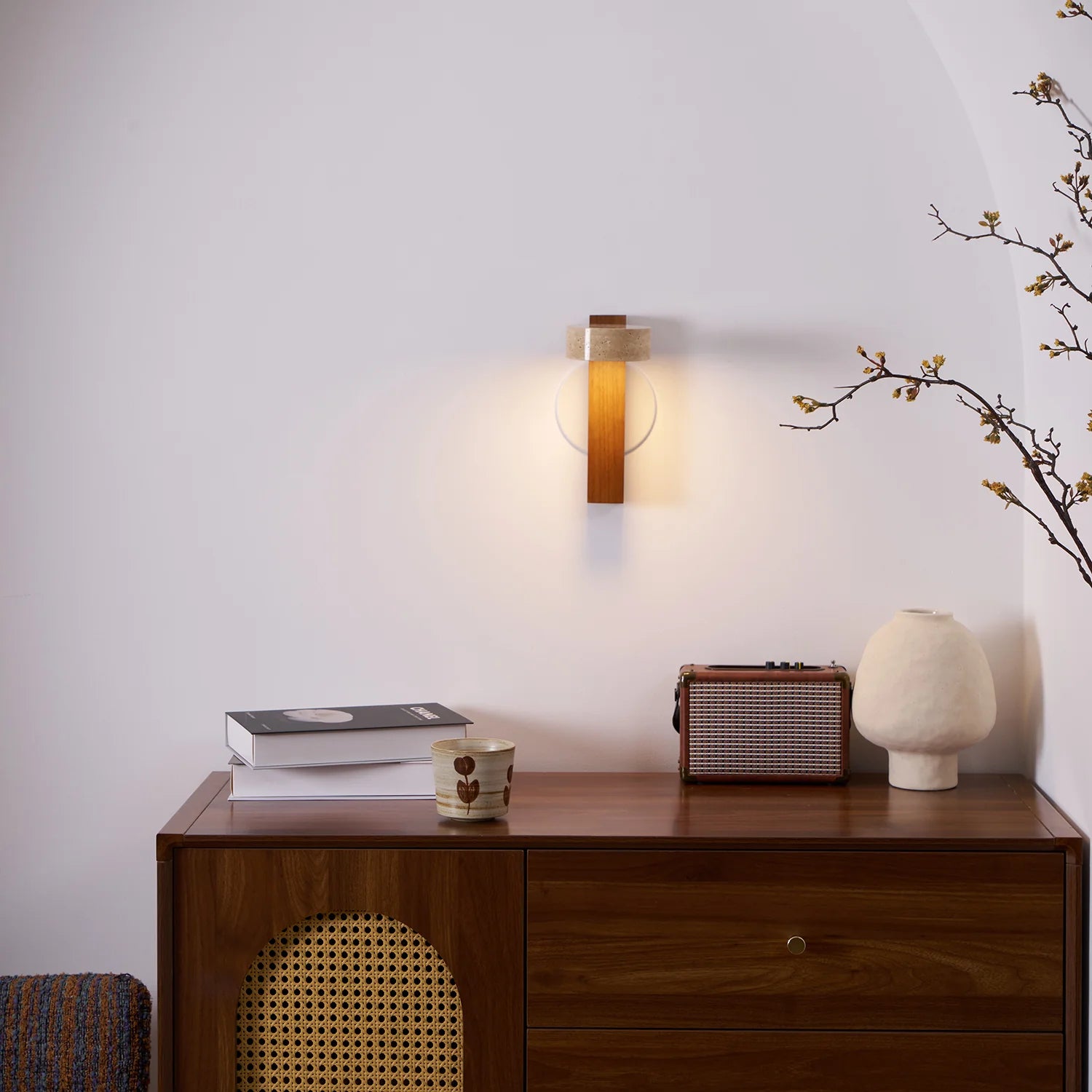Hakka Wood & Travertine Wall Lamp