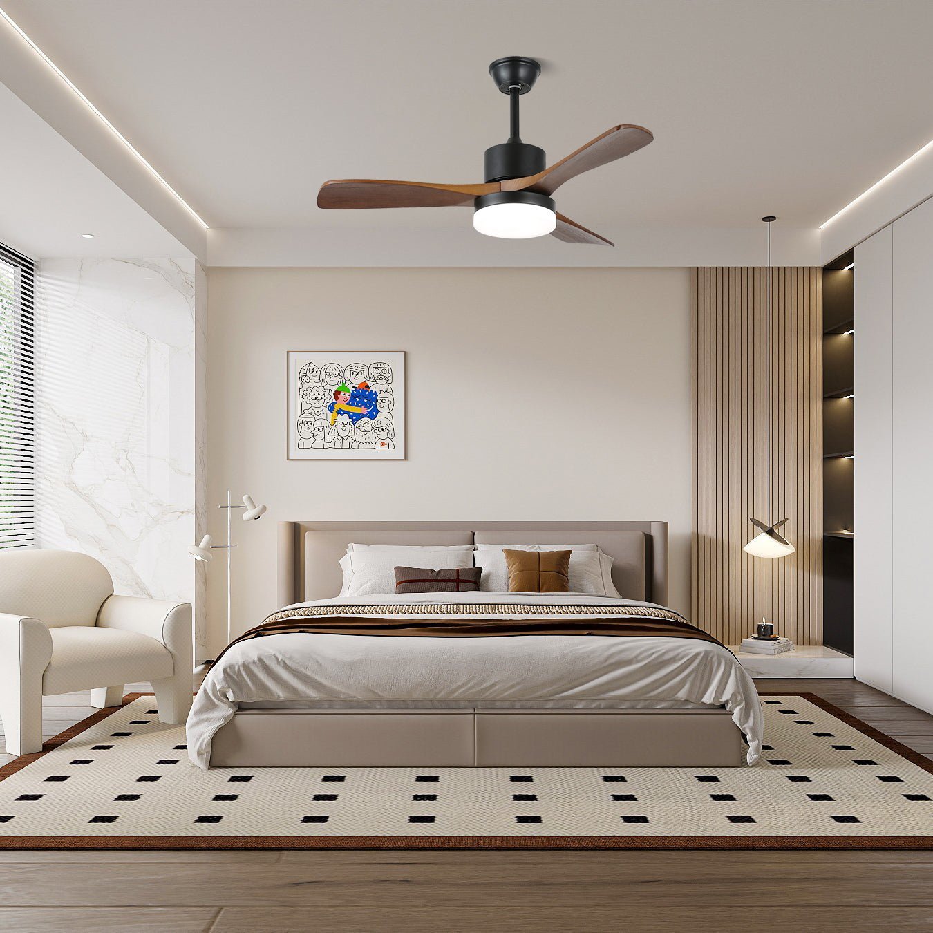 Ventilador de Techo Darian Minimalista de Madera con Luz, Modelo B, 52 pulgadas de diámetro