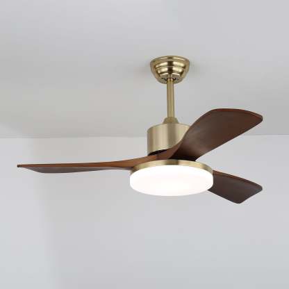Vista en ángulo del Ventilador de Techo con Lámpara Selora, destacando su diseño contemporáneo