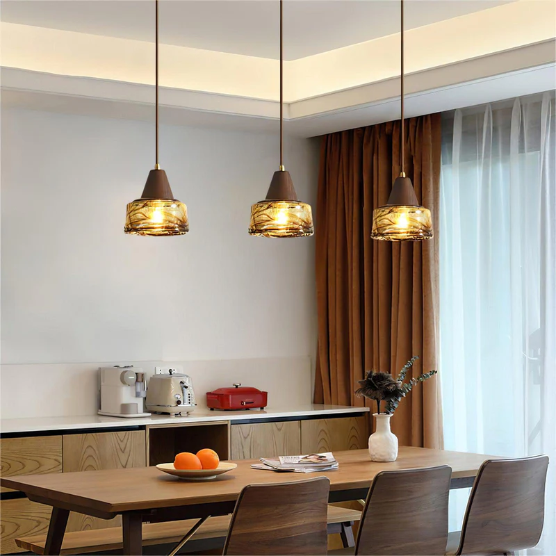 Hailie Vintage Round Wood Glass Pendant Light Dining Room Bedroom