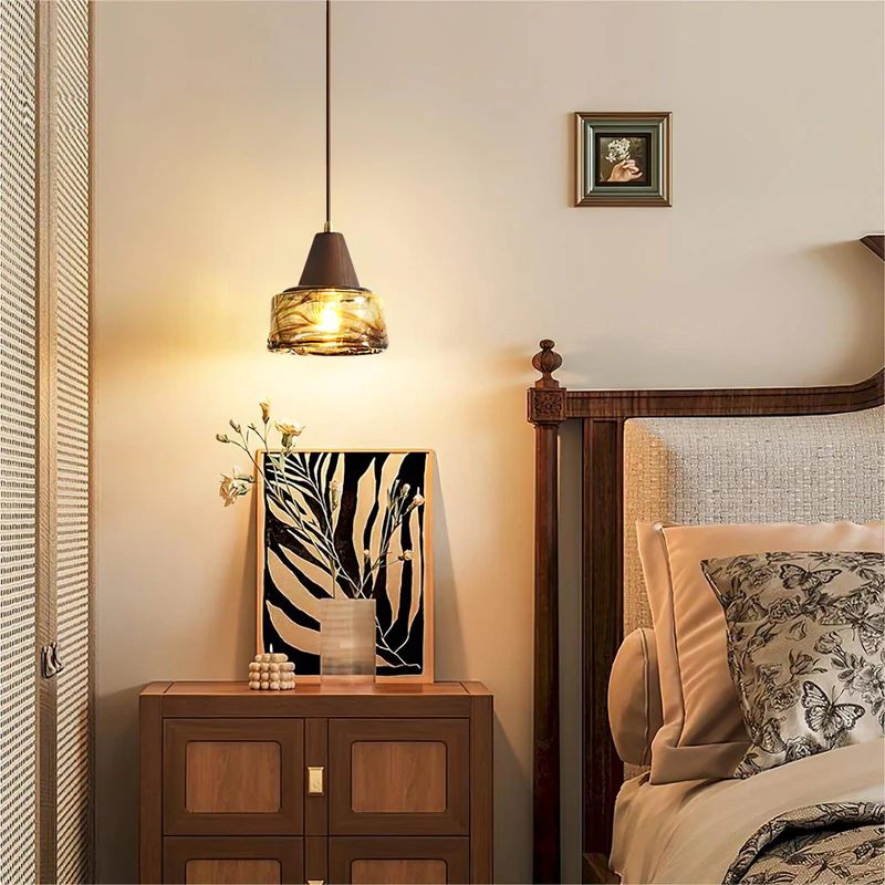 Hailie Vintage Round Wood Glass Pendant Light Dining Room Bedroom