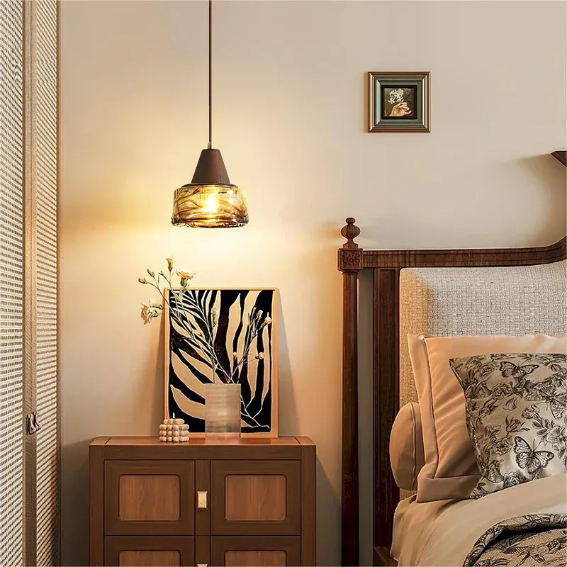 Hailie Vintage Round Wood Glass Pendant Light Dining Room Bedroom