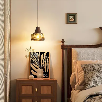 Hailie Vintage Round Wood Glass Pendant Light Dining Room Bedroom