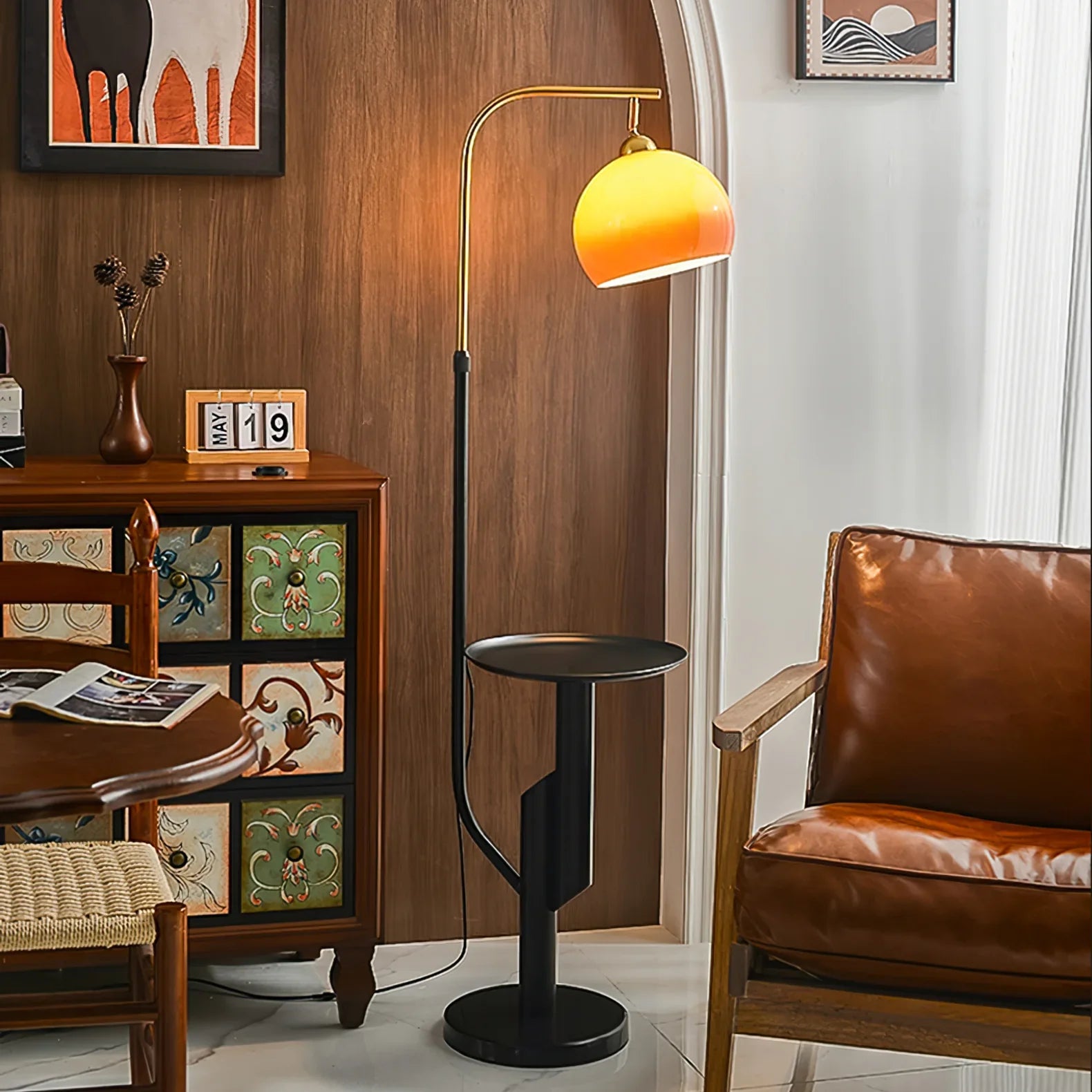 Retro Glass Dome Metal Floor Lamp With Table
