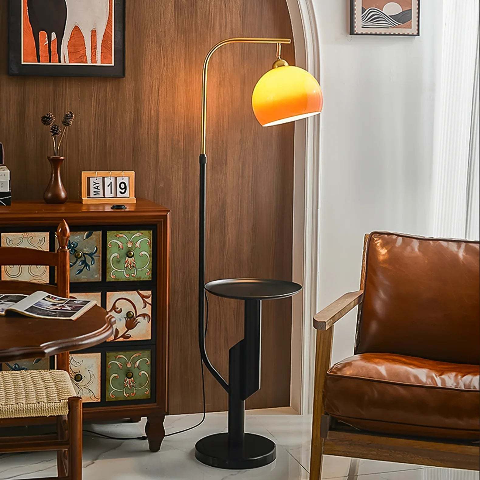 Retro Glass Dome Metal Floor Lamp With Table
