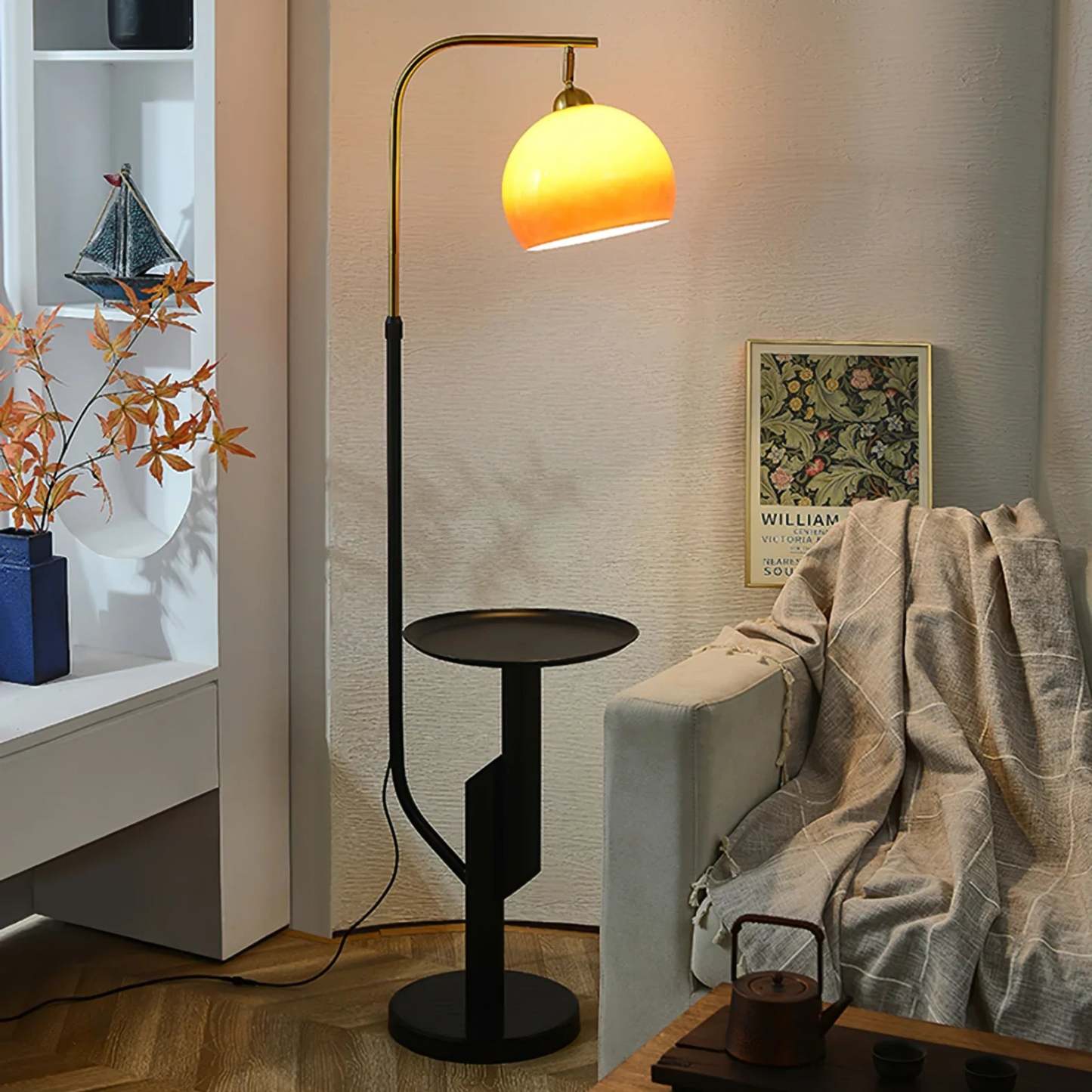 Retro Glass Dome Metal Floor Lamp With Table