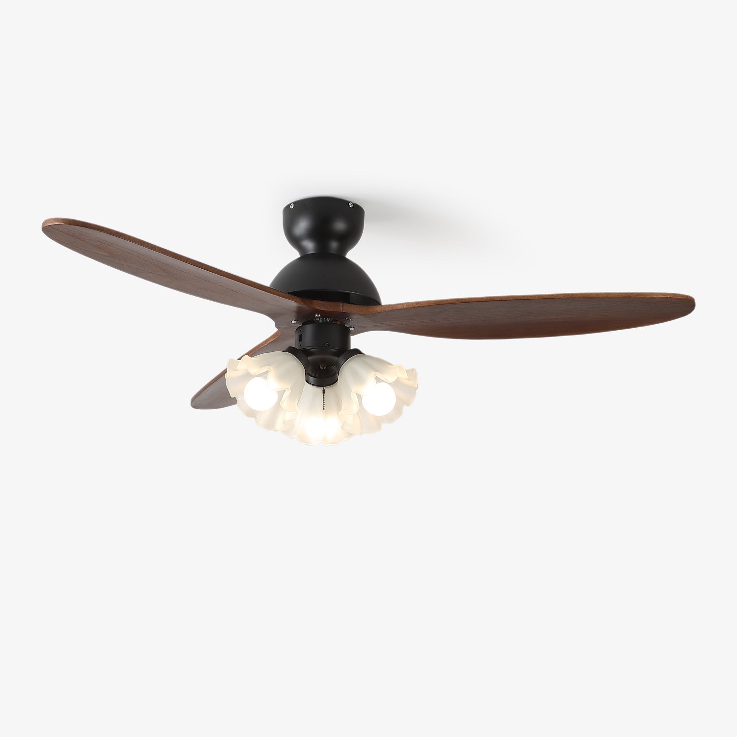 Ventilador de Techo con Luz Novrik Air con aspas de nogal y pantalla de cristal blanco.