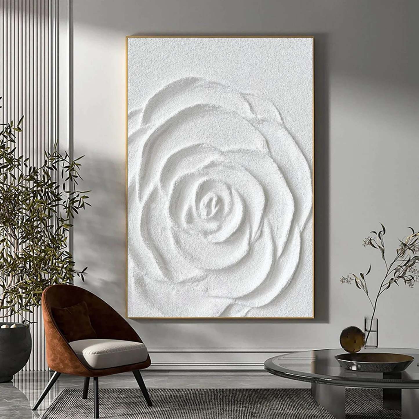Arte Floral De Rosa Blanca De Yeso En Lienzo Enmarcado Al Óleo | Las Sola