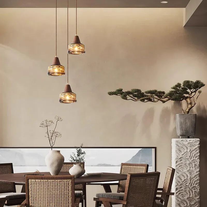 Hailie Vintage Round Wood Glass Pendant Light Dining Room Bedroom