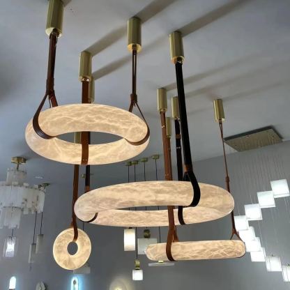 Jade Lámpara Colgante de Alabastro y Cuero Vintaje y Atípica para Salón y Comedor