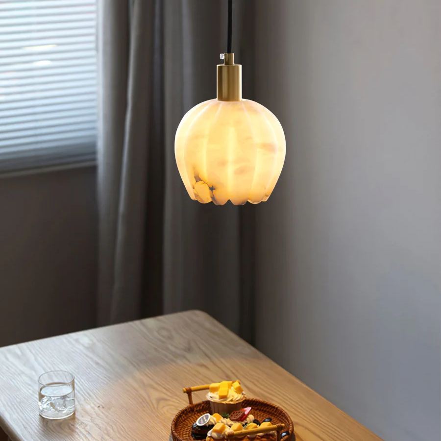 Jade Moderno Redondo Flor Metal Alabastro Lámpara Colgante Dormitorio Comedor