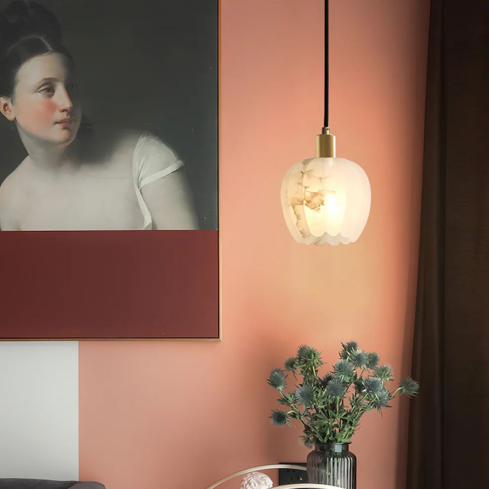 Jade Moderno Redondo Flor Metal Alabastro Lámpara Colgante Dormitorio Comedor