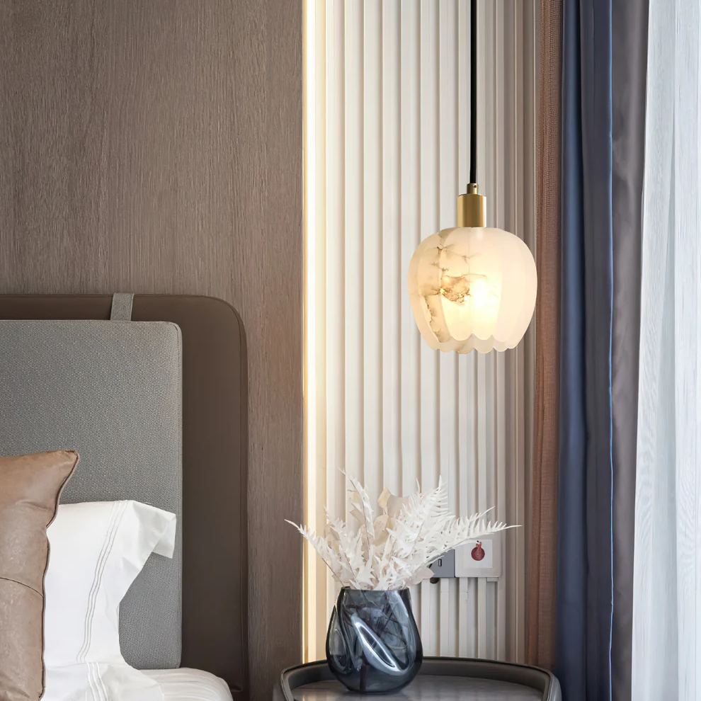Jade Moderno Redondo Flor Metal Alabastro Lámpara Colgante Dormitorio Comedor