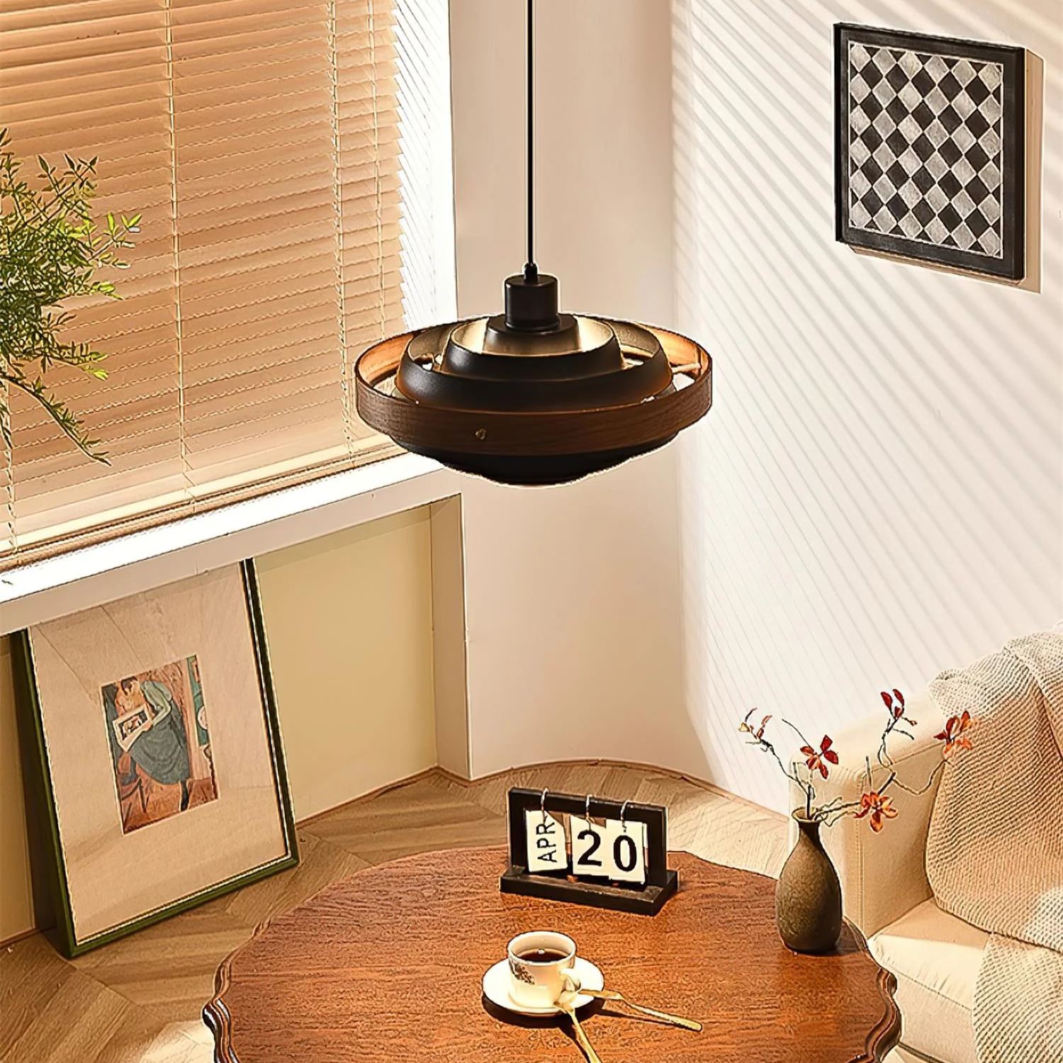 Muto Modern Round Metal Wood Pendant Light Dining Living Room