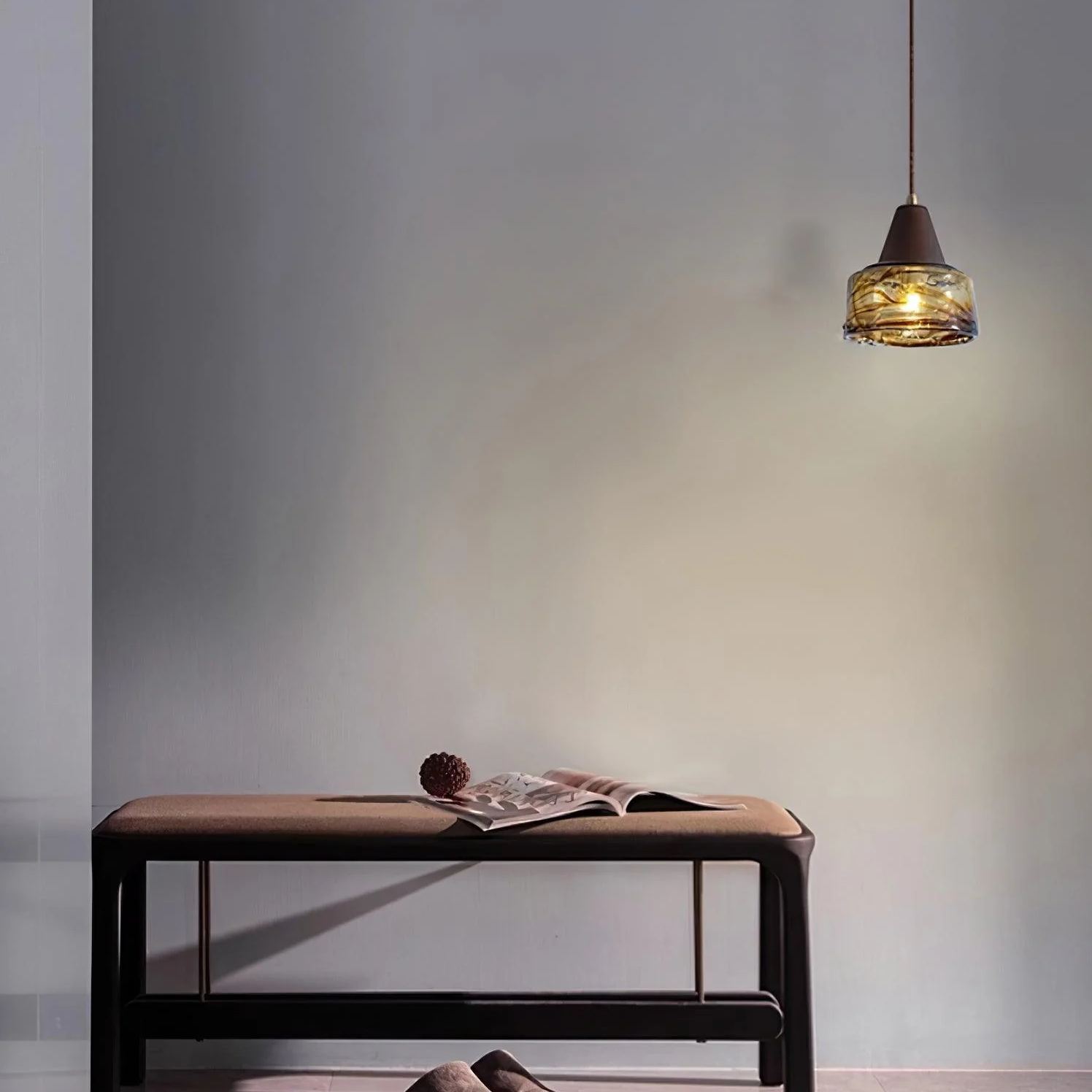 Hailie Vintage Round Wood Glass Pendant Light Dining Room Bedroom