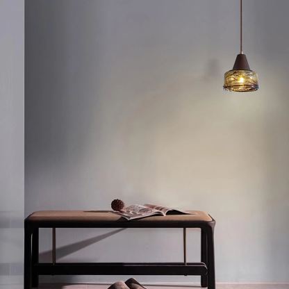 Hailie Vintage Round Wood Glass Pendant Light Dining Room Bedroom