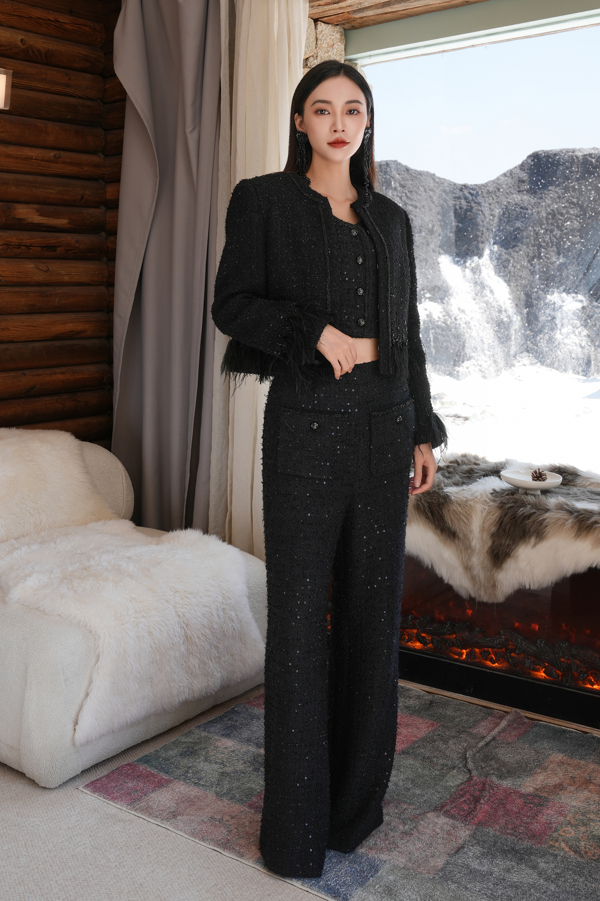 BESIONIA Black Tweed Casual Pants