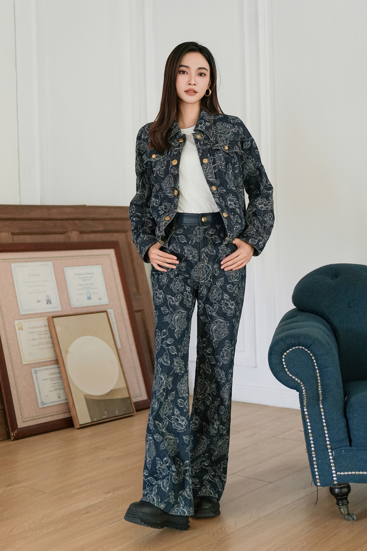 BESIONIA Vintage Printed Buttoned Peplum Outerwear